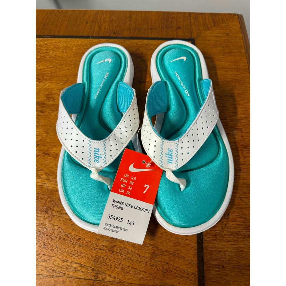 New Nike Womens 7 White Polarized Blue Comfort Footbed Thong Sandals Flip Flops